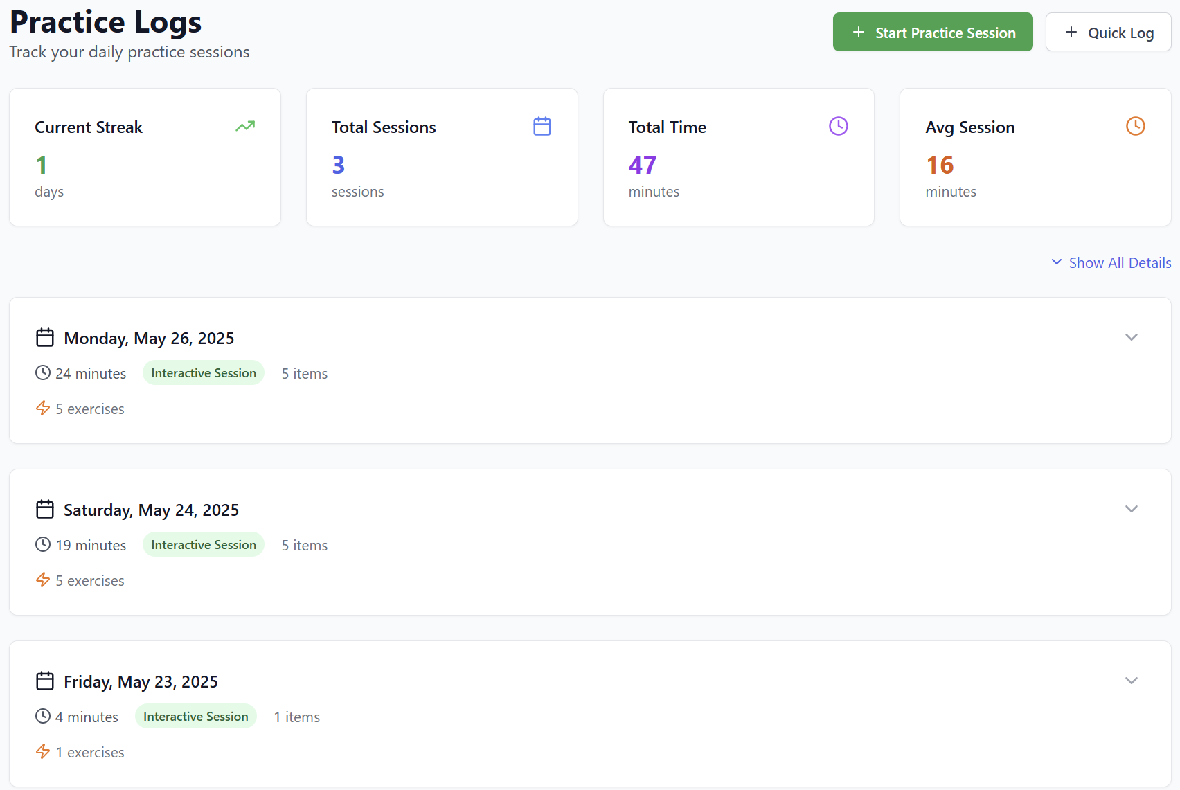 CabinJam Practice Logs Screenshot
