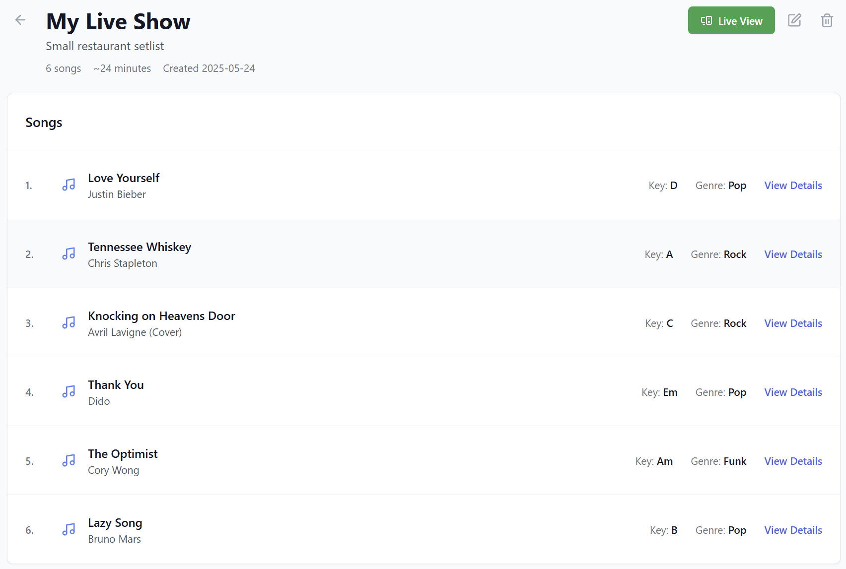 CabinJam Setlist Management Screenshot